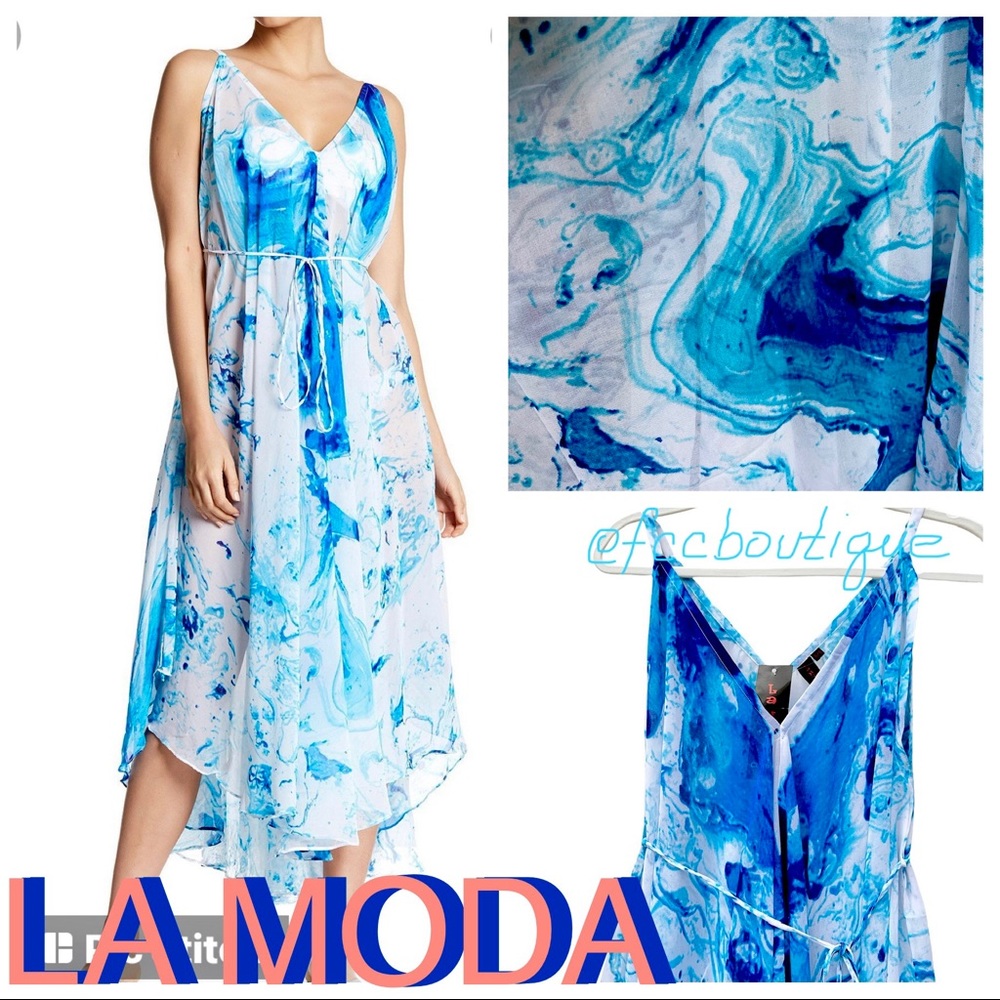 LA MODA coverup beach chiffon high low belted dress BLUE OCEAN